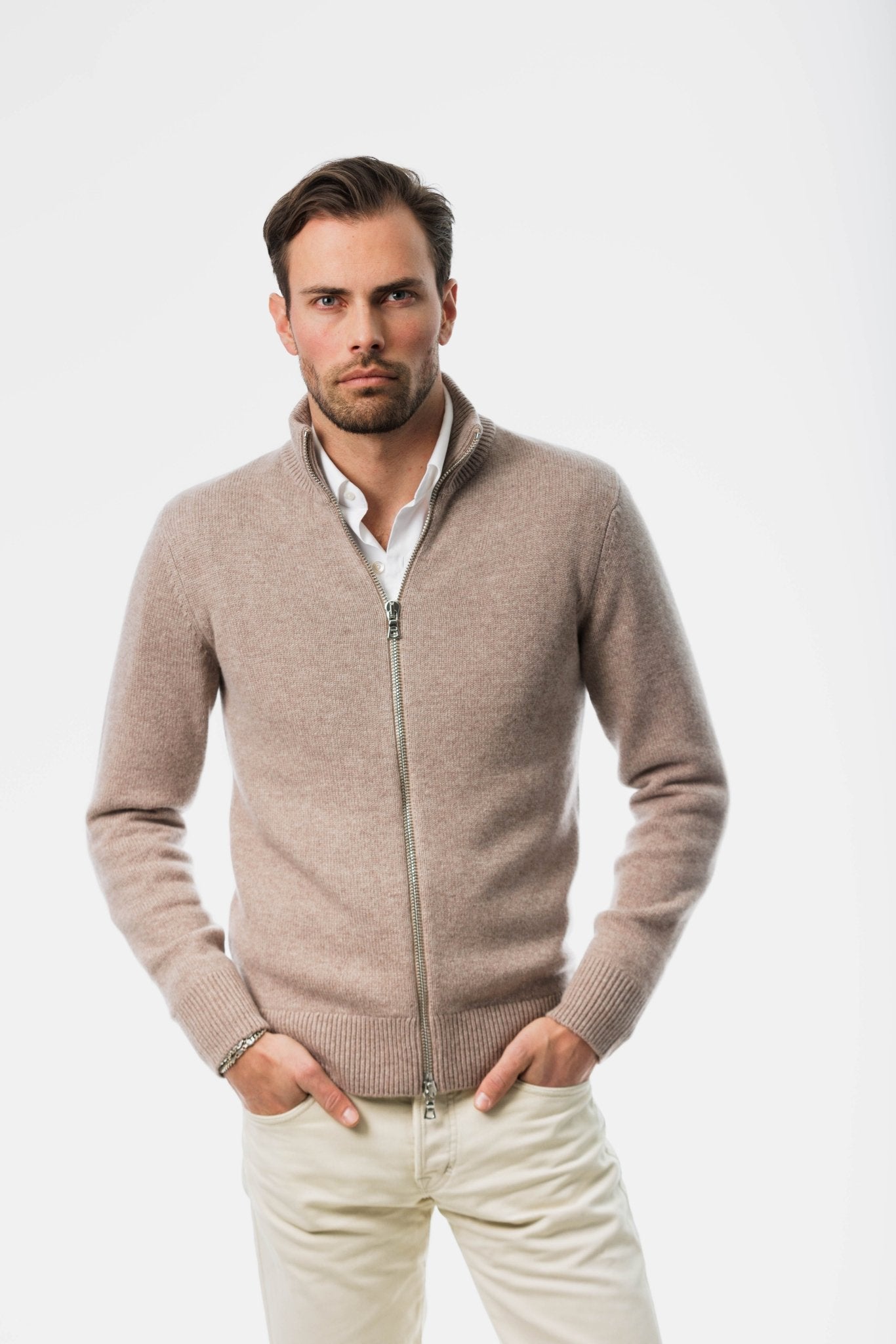 Beige Cashmere Cardigan front view