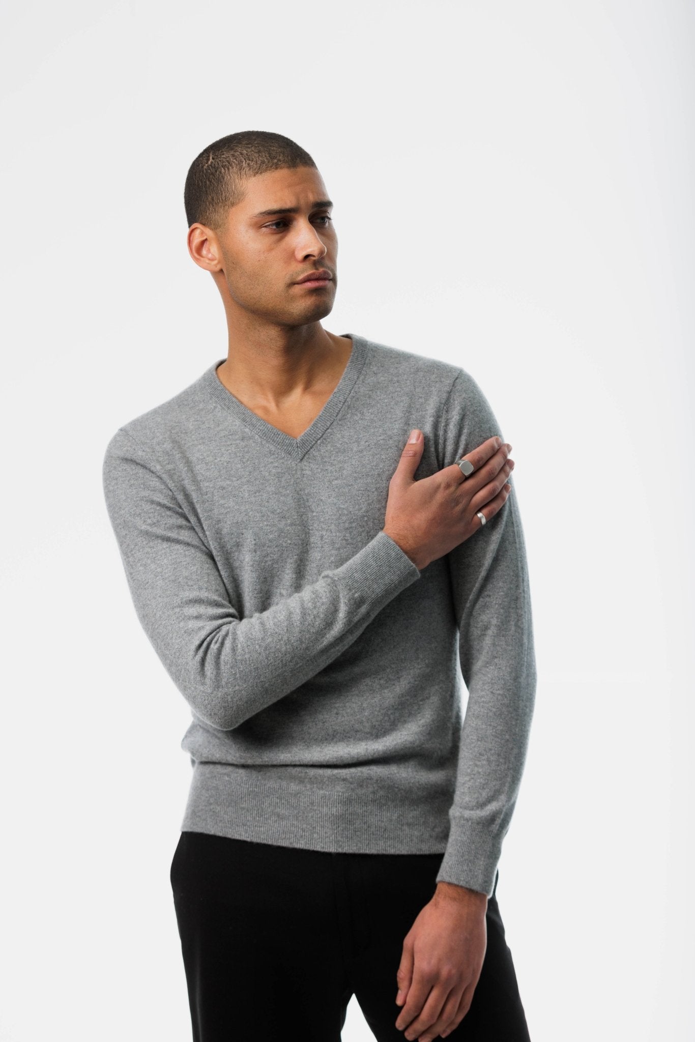 Gray Cashmere Sweater V-Neck for Men front