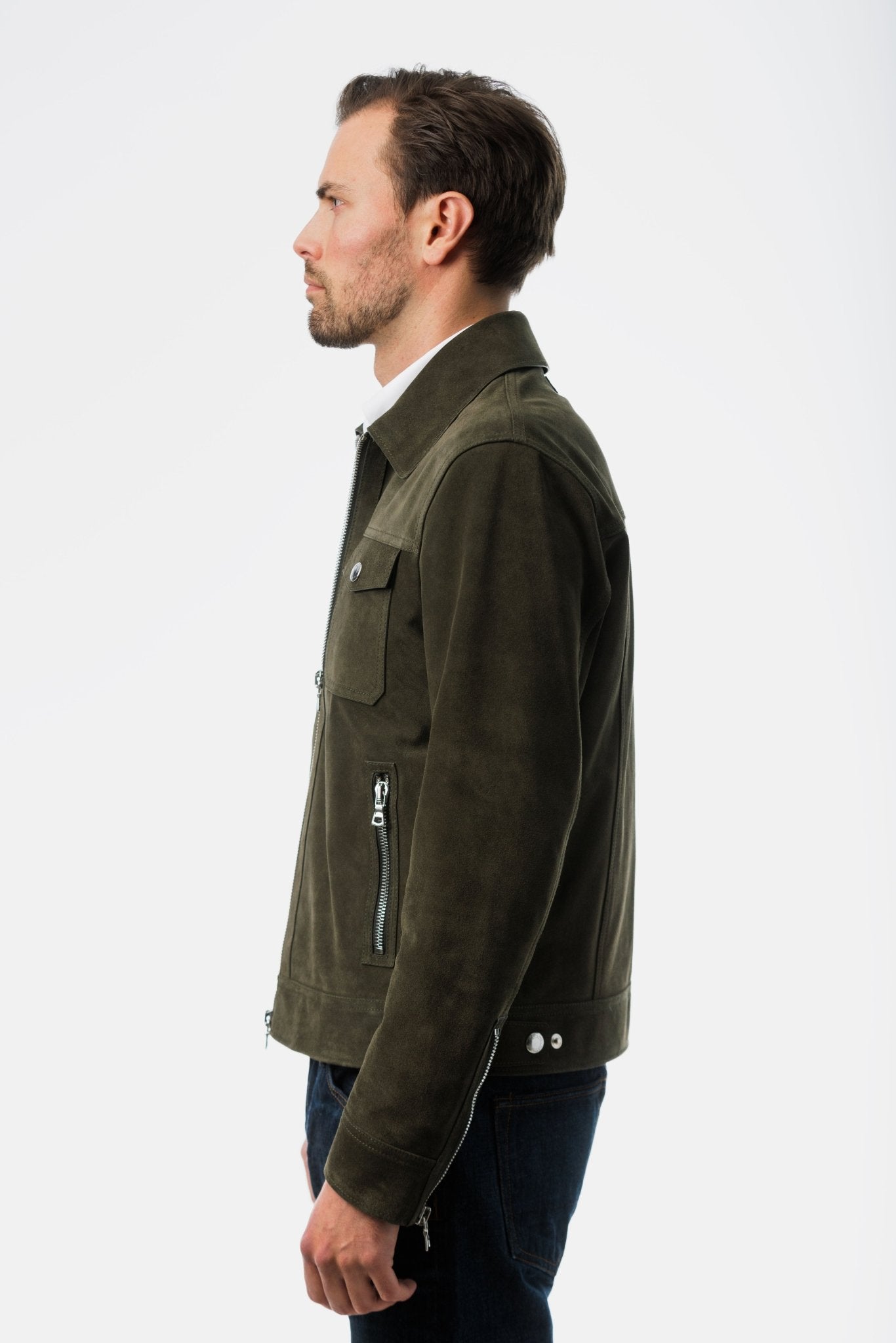 Green Suede Blouson Leather Jacket side view