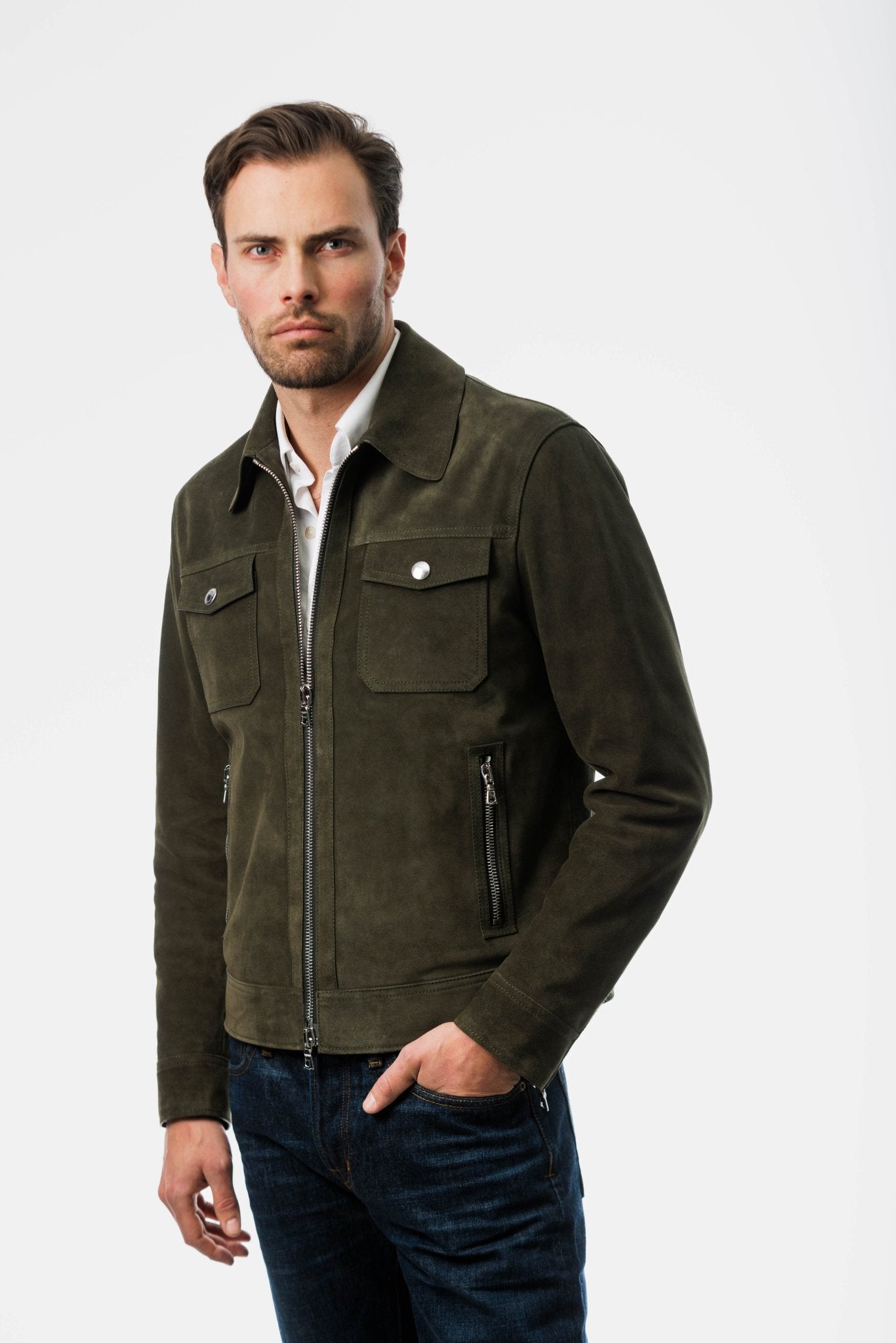 Green Suede Blouson Leather Jacket front pose