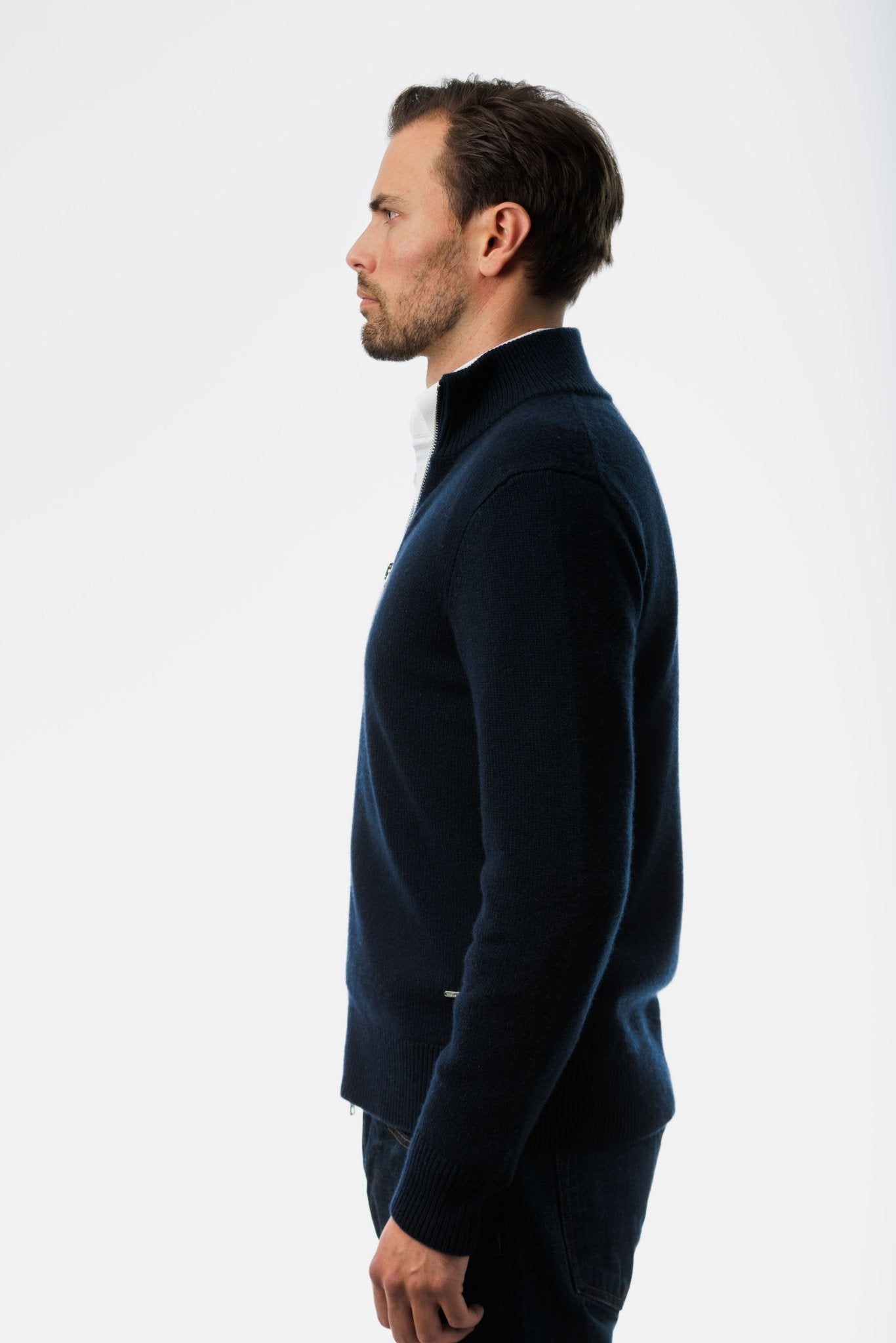 Navy Cashmere Cardigan side view