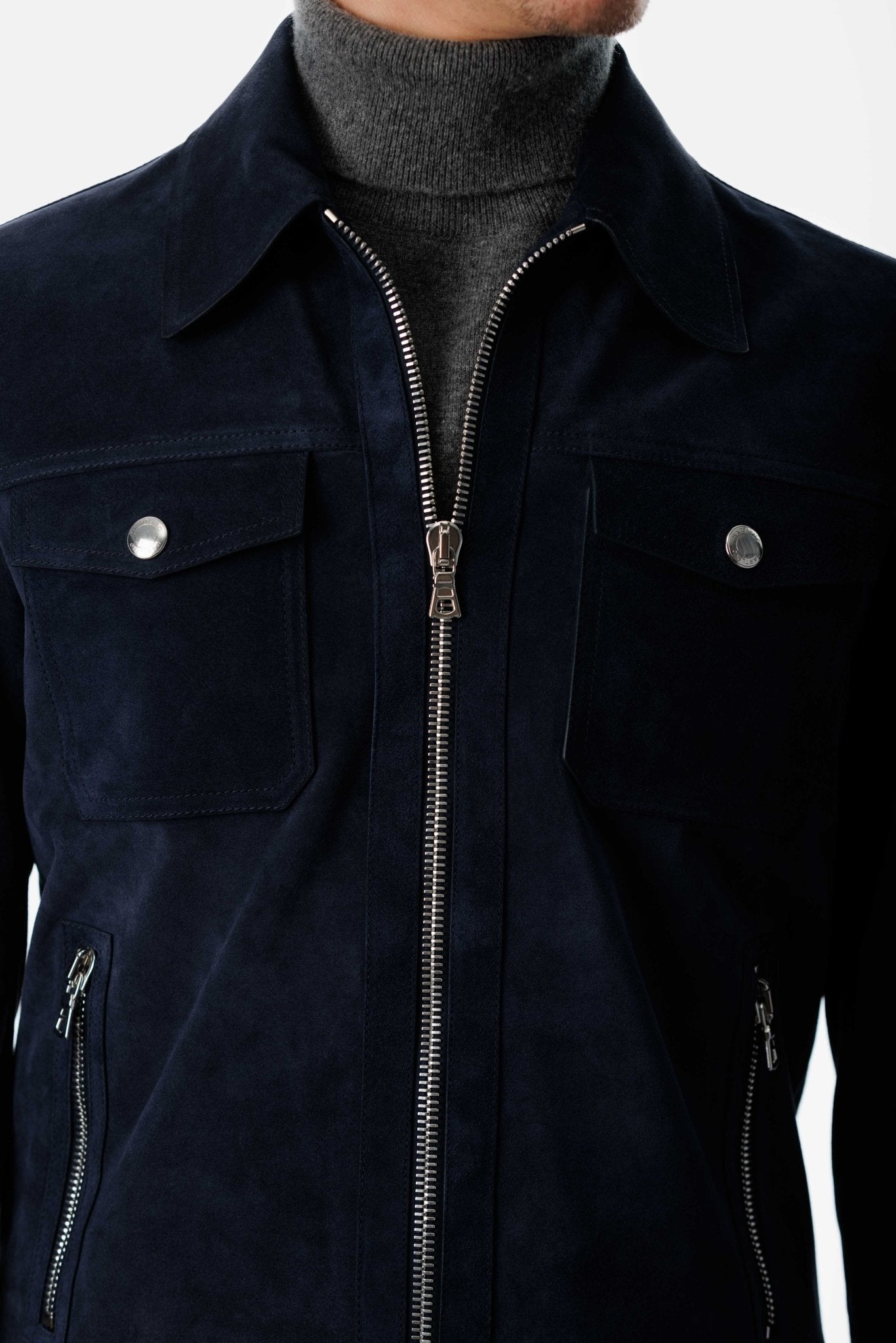 Navy Suede Blouson Leather Jacket 