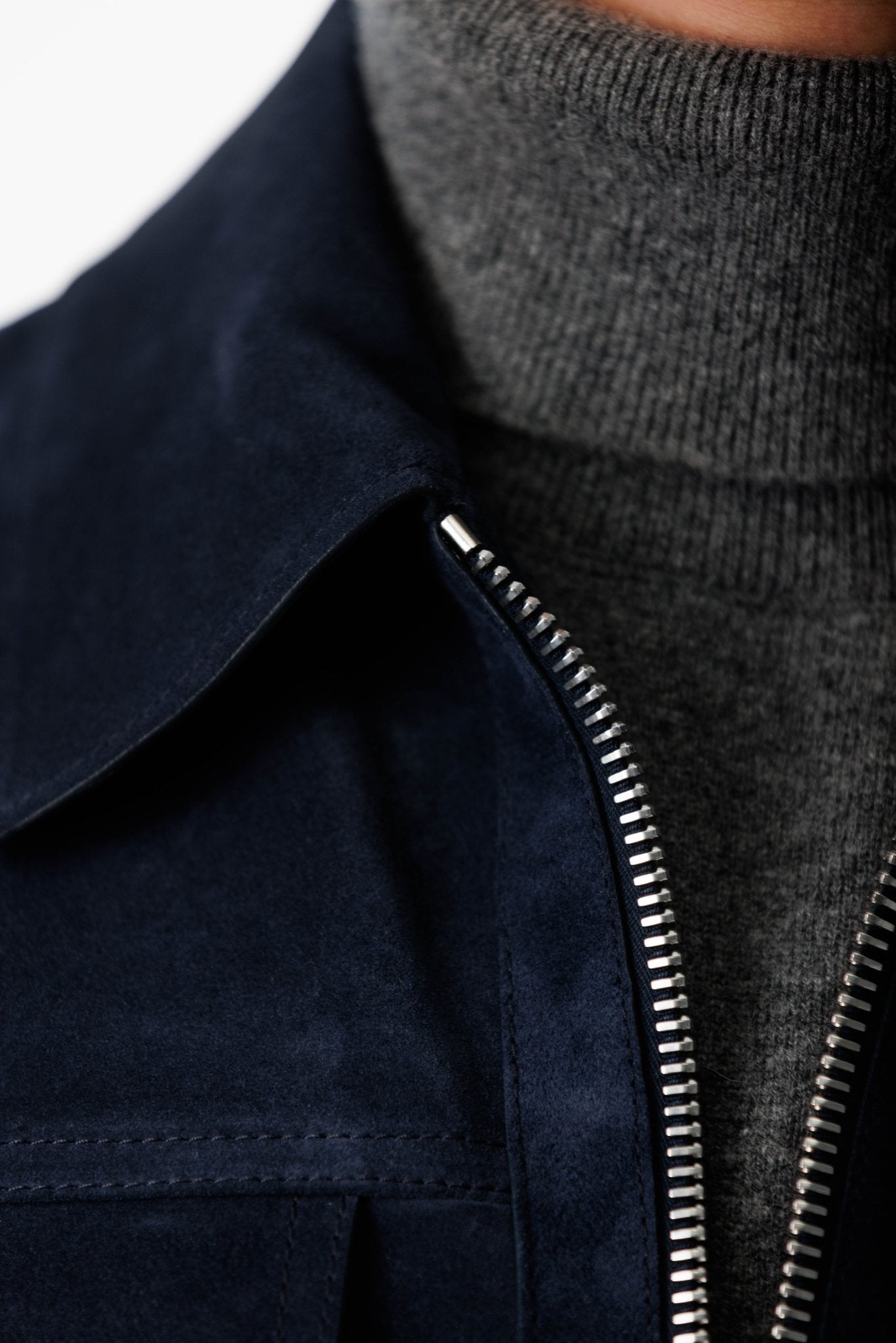 Navy Suede Blouson Leather Jacket closeup