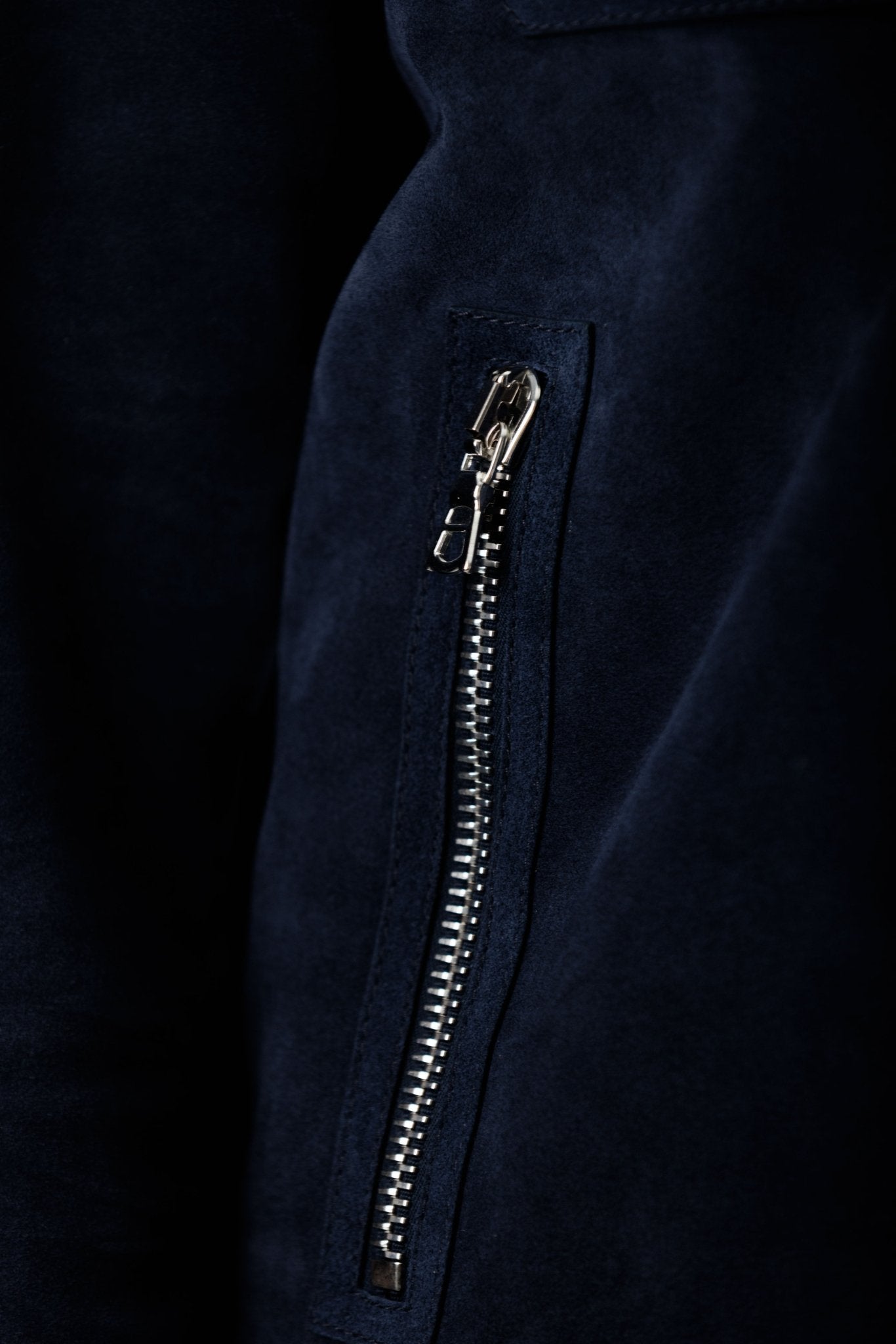 Navy Suede Leather Jacket zipper closeup