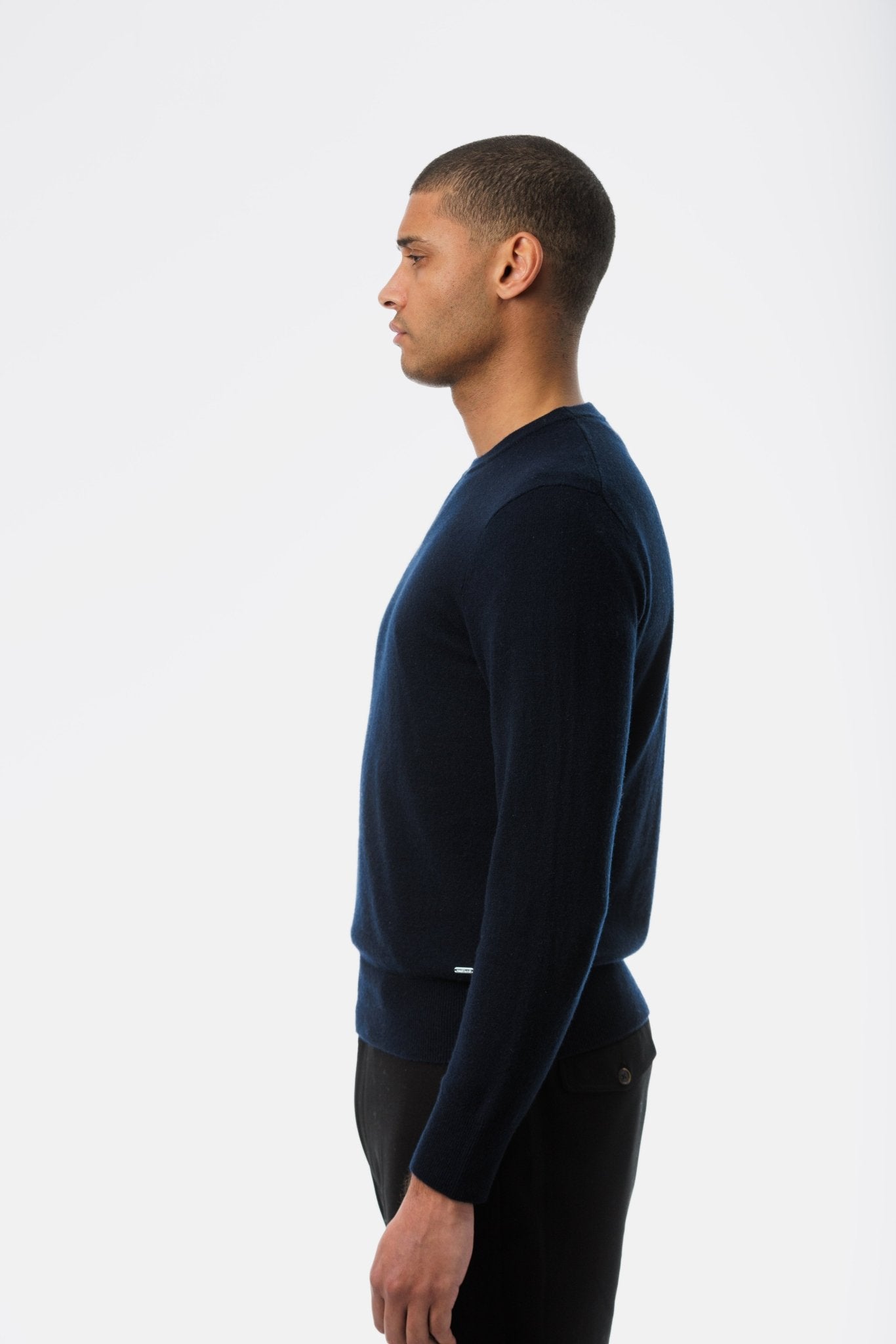 Navy Cashmere Sweater crew neck side view